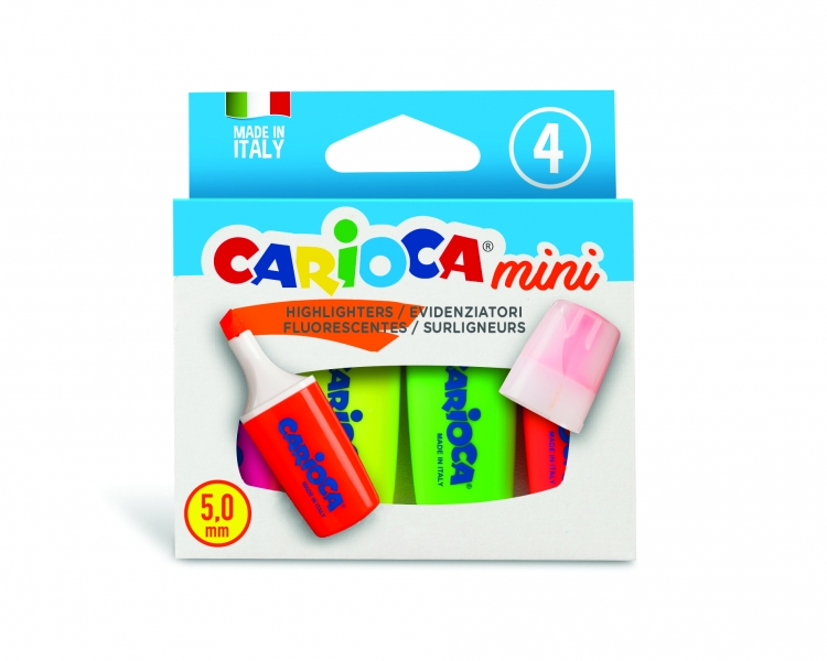 Carioca Minilight Pack de 4 Subrayadores - Punta Biselada de 5mm - Brillantes y Lavables - Tinta a Base de Agua - Color Varios