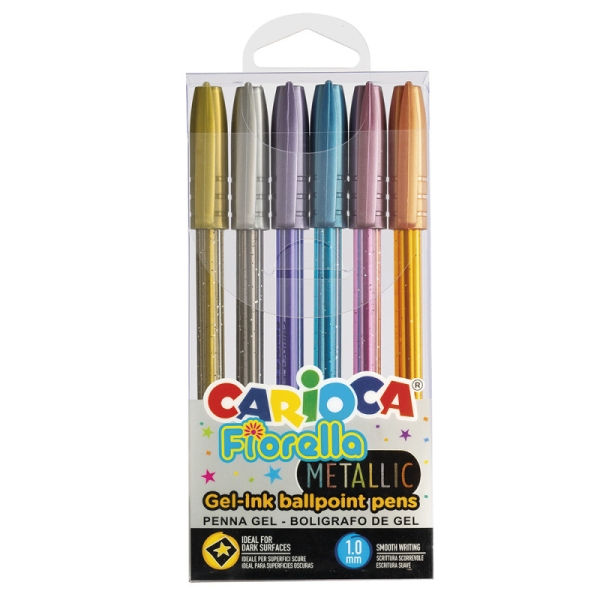 Carioca Fiorella Metallic Pack de 6 Boligrafos de Colores Tinta Gel - Punta de Bola 1mm - Cuerpo Transparente Fluo - Colores Metalicos Surtidos