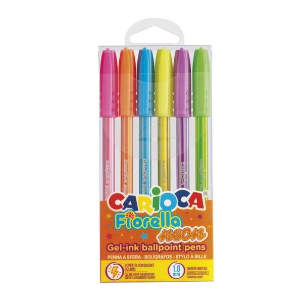 Carioca Fiorella Neon Pack de 6 Boligrafos de Colores Tinta Gel - Punta de Bola 1mm - Cuerpo Transparente Fluo - Colores Neon Surtidos