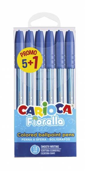 Carioca Fiorella Pack de 6 Boligrafos - Punta de Esfera - Cuerpo Transparente Fluo - Punta Ø 1mm - Escritura Brillante y Colorida - 5+1gratis - Color Azul