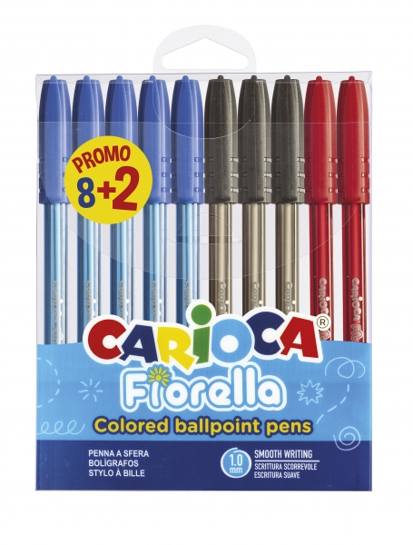 Carioca Fiorella Pack de 10 Boligrafos de Colores - Punta de Esfera - Cuerpo Transparente Fluo - Escritura Brillante y Colorida - 8+2gratis - Color Varios