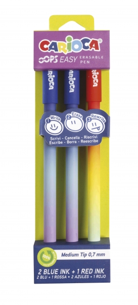 Carioca Oops Easy Pack de 3 Boligrafos Borrables - Tinta Termo Sensible - Cuerpo con Efecto Degradado - Punta de Ø 0.7mm - Doble Goma - Color Varios