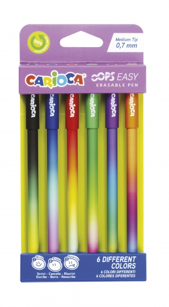 Carioca Oops Easy Blister de 6 Boligrafos Borrables - Tinta Termo Sensible - Cuerpo con Efecto Degradado - Punta de Ø 0.7mm - Doble Goma - Color Varios