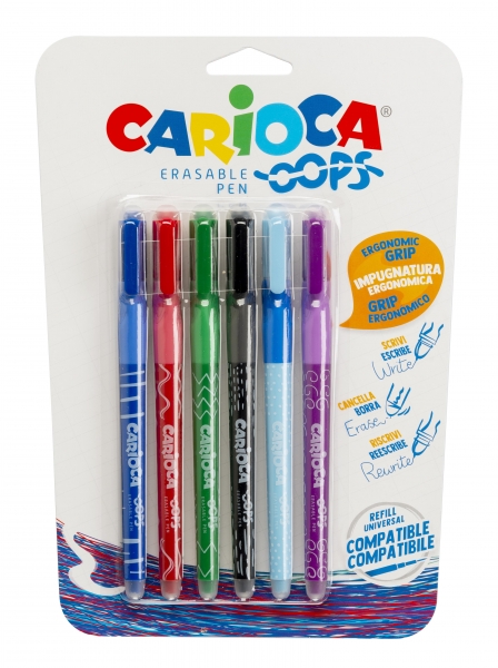 Carioca Oops Pack de 6 Boligrafos Borrables - Tinta Termo Sensible - Empuñadura Ergonomica Triangular - Punta de 0.7mm - Doble Goma - Recambios Compatibles - Color Varios