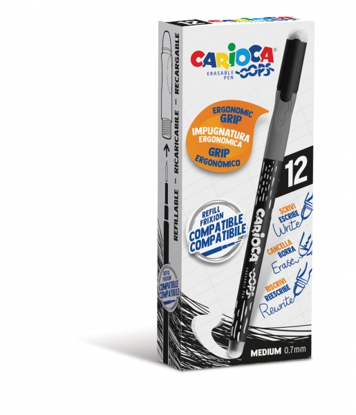 Carioca Oops Boligrafos Borrables - Tinta Negra Termo Sensible - Empuñadura Ergonomica Triangular - Punta de Ø 0.7mm - Doble Goma - Color Negro