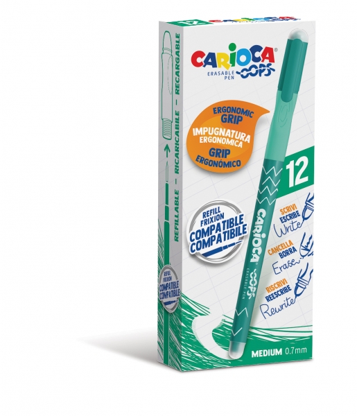 Carioca Oops Boligrafo Borrable - Termo Sensible - Empuñadura Ergonomica Triangular - Punta de Ø 0.7mm - Doble Goma - Recambios Compatibles - Color Verde