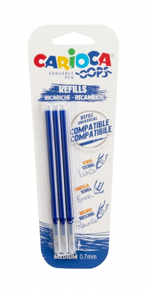 Carioca Oops Pack de 3 Recambios para Boligrafo Borrable - Tinta Termo Sensible - Punta de 0.7mm - Compatibles con Boligrafo Oops - Color Azul