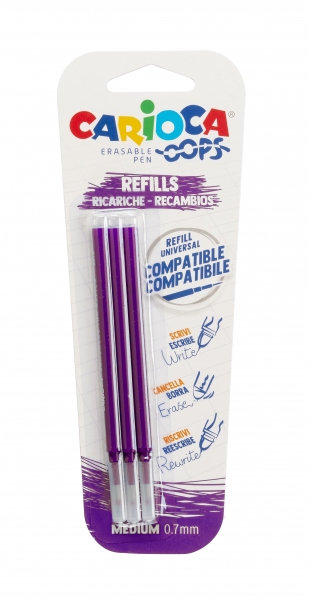 Carioca Oops Blister 3 Recambios para Boligrafo Borrable - Tinta Termo Sensible - Punta de 0.7mm - Recambios Compatibles - Color Morado