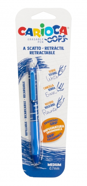 Carioca Oops Boligrafo Borrable - Termo Sensible - Empuñadura Ergonomica Triangular - Punta de Ø 0.7mm - Recambios Compatibles - Color Azul