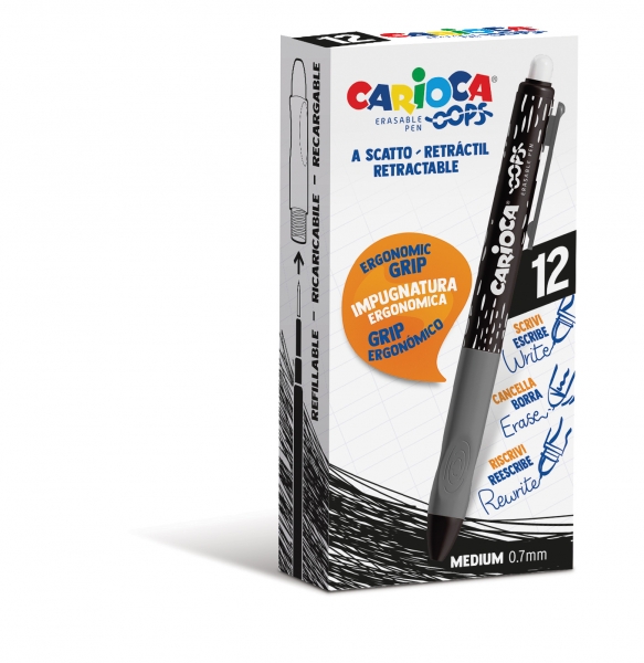 Carioca Oops Boligrafos Borrables - Tinta Negra Termo Sensible - Empuñadura Ergonomica Triangular - Punta de Ø 0.7mm - Recambios Compatibles - Color Negro