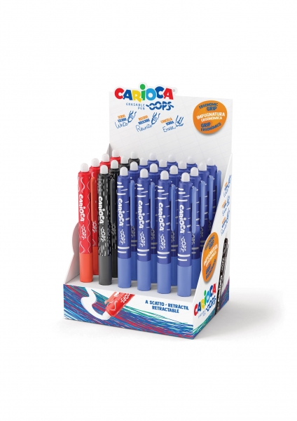 Carioca Oops Expositor de 24 Boligrafos Borrables Retractiles - Tinta Termo Sensible - Empuñadura Ergonomica Triangular - Punta de Ø 0.7mm - Doble Goma - Recambios Compatibles - Color Varios