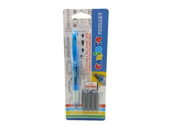 Carioca Primary Pack de 1 Boligrafo Recargable + 4 Cartuchos - Punta Roller de Acero Inoxidable - Dosificador de Flujo Constante - Color Azul