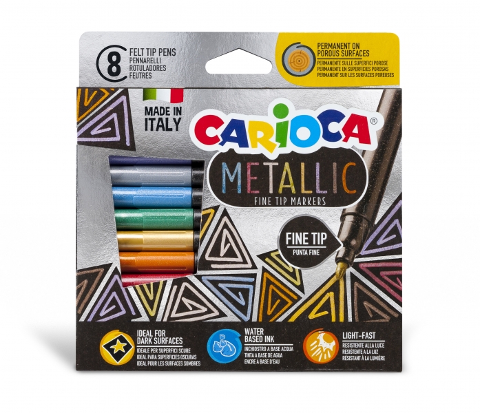 Carioca Metallic Fine Pack de 8 Rotuladores Metalicos - Punta Fina - Ideales para Superficies Oscuras - Colores Permanentes en Superficies Porosas - Tinta a Base de Agua - Color Varios