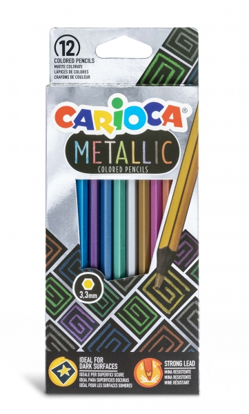 Carioca Metallic Pack de 12 Lapices Hexagonales Metalicos - Colores Cubrientes - Ideales para Superficies Oscuras - Mina Premium de Ø 3.3mm Resistente a las Caidas - Faciles de Afilar - Color Varios