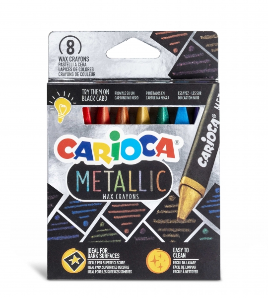 Carioca Metallic Pack de 8 Ceras Metalicas - Cuerpo Maxi Triangular - Colores Cubrientes para Superficies Oscuras - Faciles de Limpiar - Color Varios