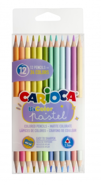 Carioca Bi-Color Pack de 12 Lapices - 24 Colores Pastel - Cuerpo Triangular - Colores Brillantes y Lavables - Escritura Blanda - Color Varios