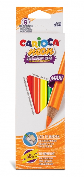 Carioca Pack de 6 Lapices Triangulares Maxi Neon - Colores Fluorescentes - Escritura Blanda - Aptos para Subrayar y Resaltar - Facil Agarre y Sacar Punta - Mina de Ø 5mm - Color Varios