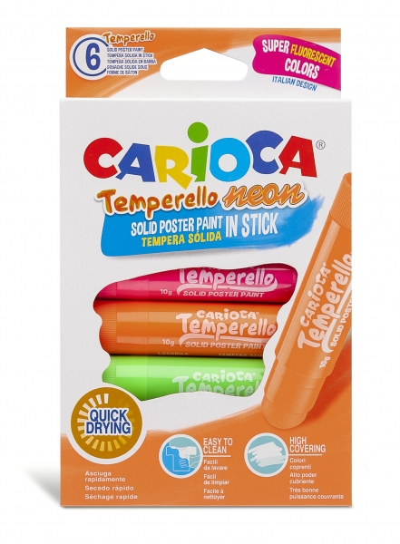 Carioca Temperello Neon Pack de 6 Temperas Solidas - Colores Brillantes y Lavables - Gran Cobertura - Faciles de Mezclar - sin Disolventes - Acabado Satinado - Secado Rapido - Color Varios