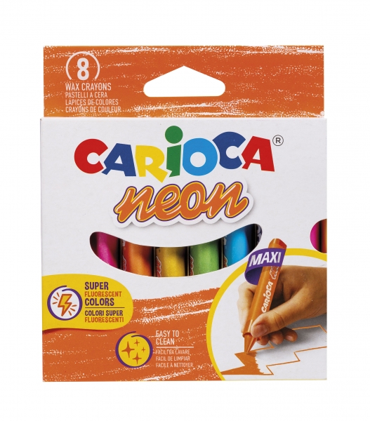 Carioca Ceras Neon Pack de 8 Ceras - Cuerpo Maxi Triangular - Colores Cubrientes - Faciles de Limpiar - Color Varios