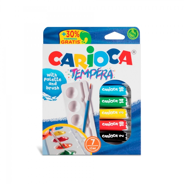 Carioca Pack de 7 Tubitos de Tempera - Incluye Pincel y Paleta - Colores Superlavables - Alto Poder Cubriente - para Materiales Porosos - Packaging 100% Reciclable - Color Varios