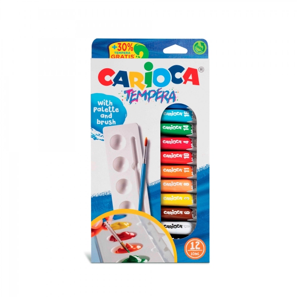 Carioca Pack de 12 Tubitos de Tempera - Incluye Pincel y Paleta - Colores Superlavables - Alto Poder Cubriente - Aplicable en Materiales Porosos - Packaging 100% Reciclable - Color Varios