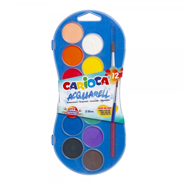 Carioca Acuarela Pack de 12 Colores en Pastilla - Brillantes - Facilmente Mezclables - Ø 30mm - Color Varios