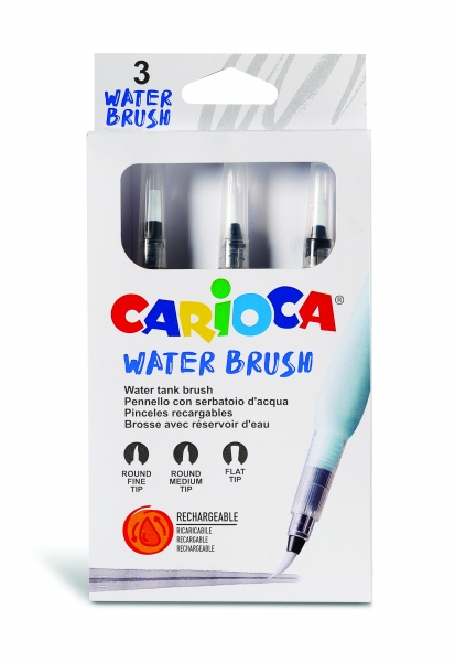 Carioca Pack de 3 Pinceles de Agua Recargables - Deposito Facil de Llenar - Perfectos para el Cole - 3 Tamaños Diferentes - Color Varios