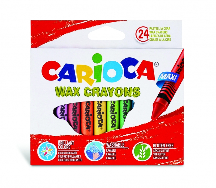 Carioca Maxi Pack de 24 Ceras - Colores Brillantes - Lavables - Cuerpo de Ø 12mm - Color Varios