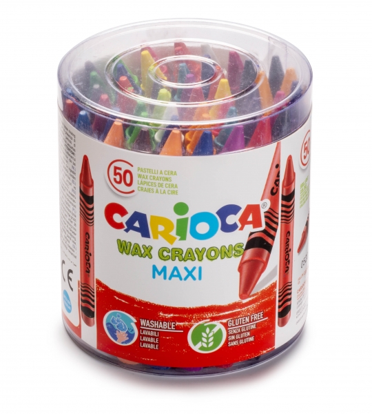 Carioca Maxi Pack de 50 Ceras Jumbo - Colores Brillantes - Lavables - Cuerpo de Ø 12mm - Color Varios