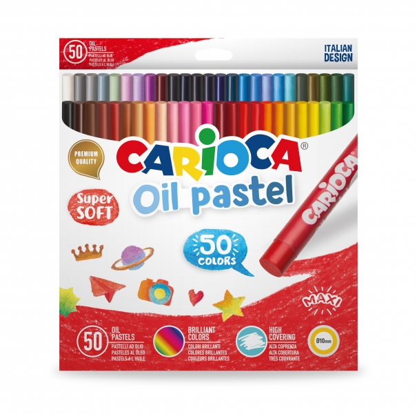 Carioca Pack de 50 Pasteles al Oleo - Colores Brillantes - Lavables - Resistentes a la Luz - Cubrientes - Faciles de Mezclar - Maxi Cuerpo Ø 10mm - Uso en Papel, Carton, Tela y Madera - Color Varios