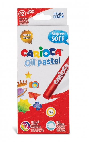 Carioca Pack de 12 Pasteles al Oleo - Colores Brillantes - Lavables - Resistentes a la Luz - Cubrientes - Faciles de Mezclar - Maxi Cuerpo Ø 10mm - Uso en Papel, Carton, Tela y Madera - Color Varios