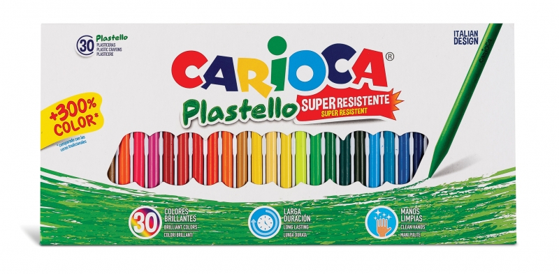 Carioca Pack de 30 Plasticeras - Extra Limpias - No Dejan Color en las Manos - Duran Tres Veces mas - Colores Brillantes y Lavables - Faciles de Afilar - Color Varios