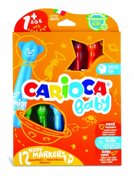 Carioca Baby Teddy Pack de 12 Rotuladores - Super Seguros - Forma Ergonomica - Tinta Superlavable - Dermatologicamente Testados - Color Varios