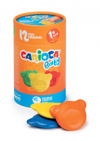 Carioca Teddy Crayons Pack de 12 Ceras de Colores - Certificadas a Partir de los 12 Meses - Diseñadas para Entrenar el Agarre Digital - Color Varios