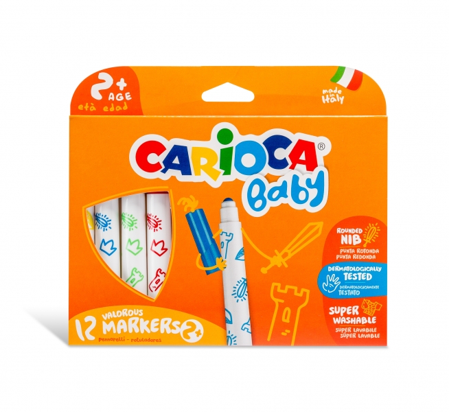 Carioca Baby Marker Pack de 12 Rotuladores - Punta Redonda y Bloqueada - Cuerpo de Gran Dimension - Superlavables - Dermatologicamente Testados - Color Varios