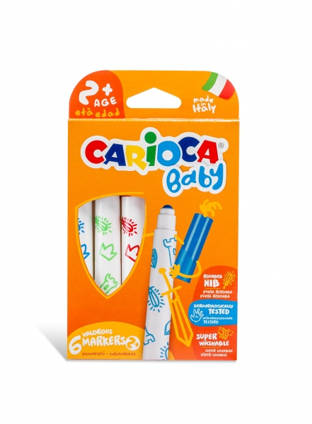 Carioca Baby Marker Pack de 6 Rotuladores - Punta Redonda y Bloqueada - Cuerpo de Gran Dimension - Superlavables - Dermatologicamente Testados - Color Varios