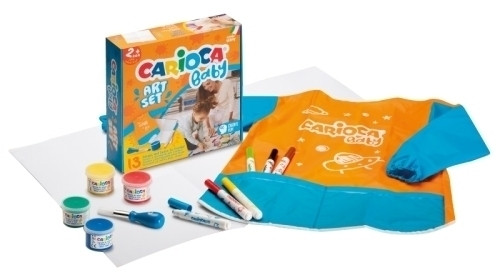 Carioca Baby Art Set Pack de Juegos con 12 Productos para Bebes - 1 Hoja de Papel, 1 Delantal Impermeable, 1 Cepillo Baby 2+, 4 Pinturas de Dedos 2+, 6 Marcadores Baby Valorous 2+ - Colores Surtidos