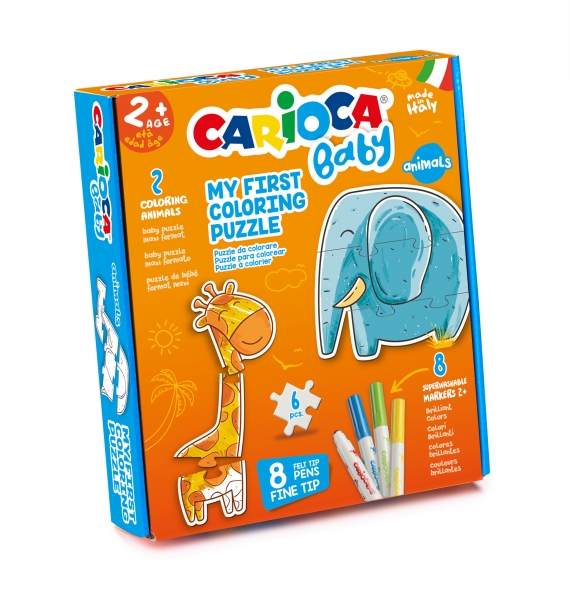 Carioca Coloring Puzzle Animals Baby 2+ Pack de Puzzle Super Simple para Niños - 2 Animales de 3 Piezas - Piezas para Colorear - 2 Animales de Referencia - 8 Rotuladores Superlavables - Color Varios