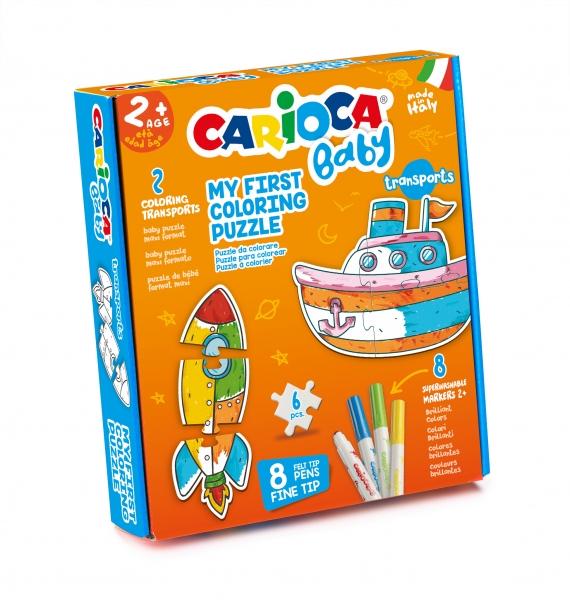 Carioca Coloring Puzzle Transports Baby 2+ Pack de Puzzle para Niños - 2 Medios de Transporte de 3 Piezas - 2 Transportes de Referencia - 8 Rotuladores Superlavables - Color Varios