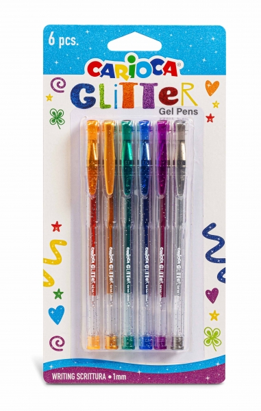 Carioca Glitter Gel Pack de 6 Boligrafos - Punta Ø 1mm - Tinta Gel Glitter - para Superficies Oscuras - Escritura Brillante y Colorida - Color Varios