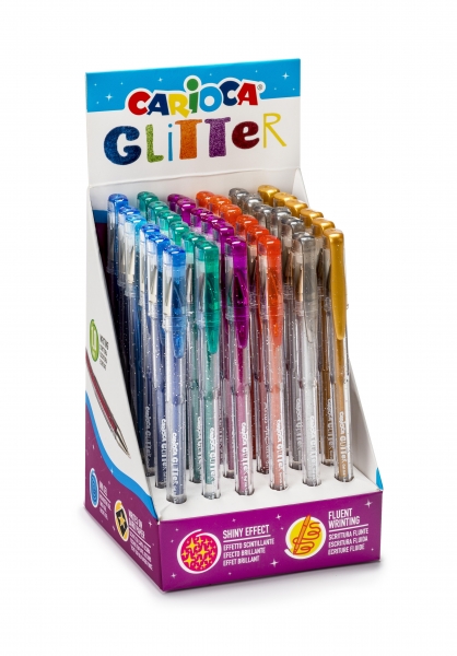 Carioca Glitter Gel Expositor de 36 Boligrafos - Punta Ø 1mm - Tinta Gel Glitter - para Superficies Oscuras - Escritura Brillante y Colorida - Color Varios