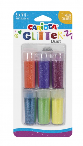 Carioca Glitter Dust Pack de 6 Colores - Cola Incluida - Ideal para Superficies Oscuras - Perfecta para Decoraciones y Trabajos de Arte - Color Varios