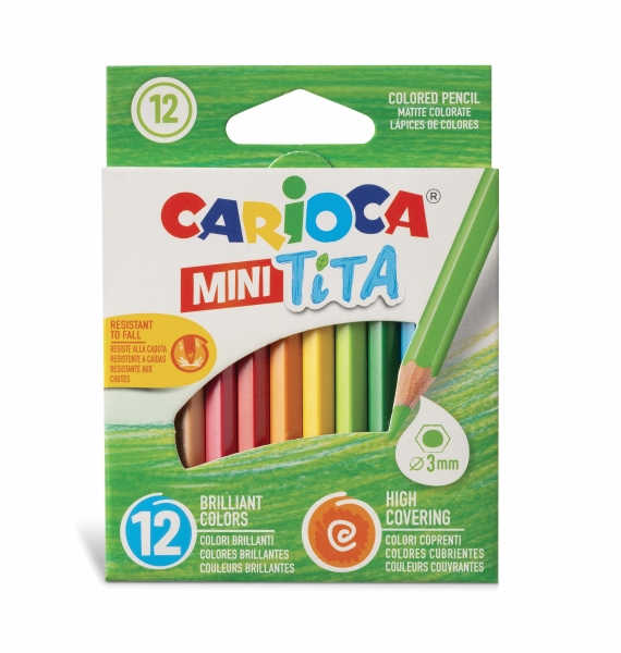 Carioca Tita Pack de 12 Mini Lapices de Resina - Cuerpo Hexagonal - Colores Brillantes y Lavables - Escritura Blanda - Mina Ø 3mm Segura y Super Resistente - No Se Astilla si Se Rompe - Color Varios