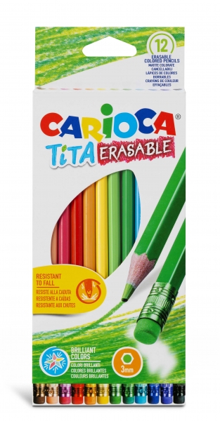 Carioca Tita Pack de 12 Lapices Borrables de Resina - Cuerpo Hexagonal - Colores Brillantes y Lavables - Escritura Blanda - Mina Ø 3mm - Color Varios