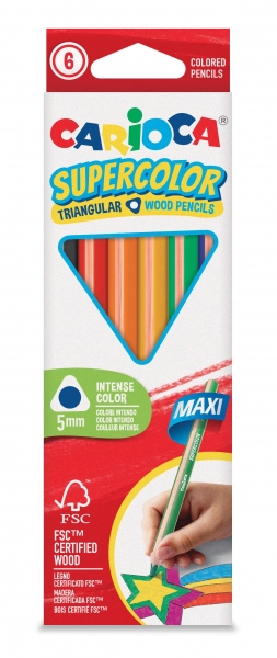 Carioca Supercolor Pack de 6 Lapices de Madera - Cuerpo Triangular Maxi - Colores Intensos y Gran Opacidad - Lapizgrueso Ø 5mm - Color Varios