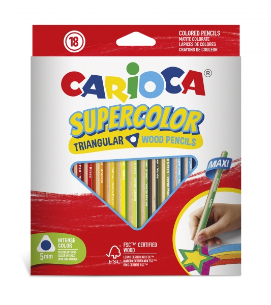 Carioca Supercolor Pack de 18 Lapices de Madera - Cuerpo Triangular Maxi - Colores Intensos y Gran Opacidad - Lapizgrueso Ø 5mm - Color Varios