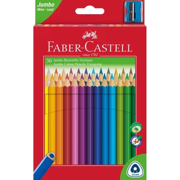 Faber-Castell Jumbo Junior Pack de 30 Lapices de Colores Triangulares + Sacapuntas - Mina Resistente a la Rotura - Lavable - Col