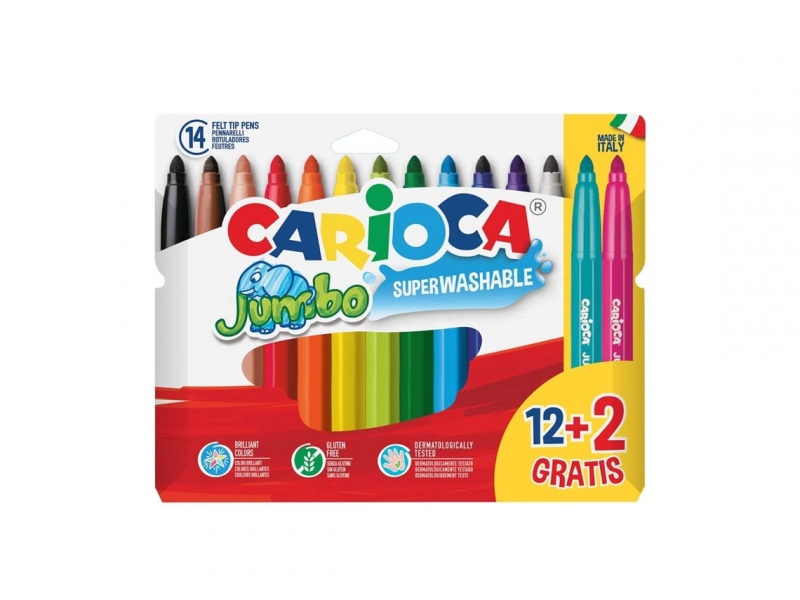 Carioca Jumbo Pack de 12 Rotuladores + 2 Gratis - Punta 6mm - Superlavables - Colores Surtidos