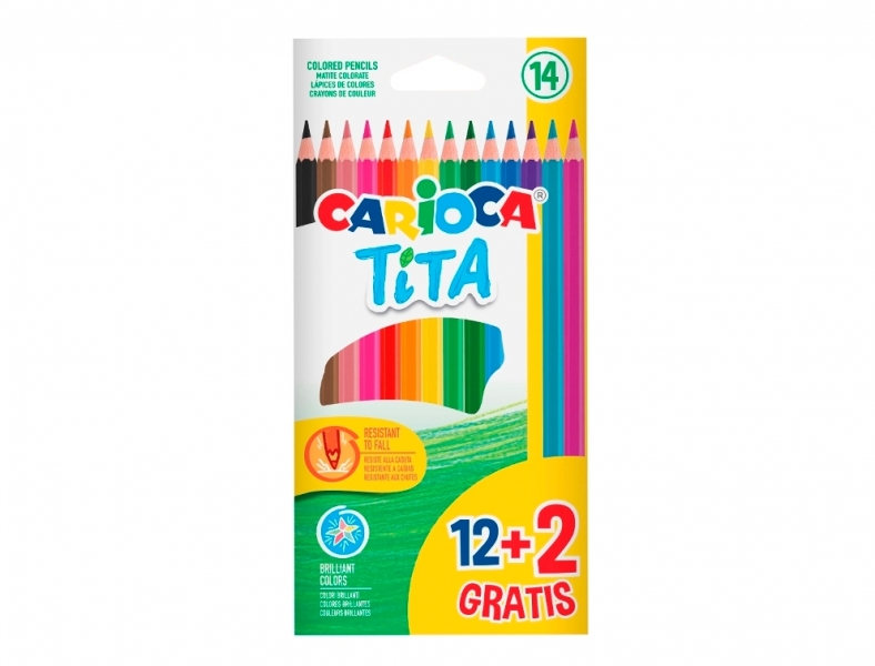 Carioca Tita Pack de 12 + 2 Lapices de Colores - Minas Resistentes - Colores Surtidos