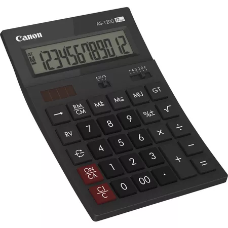 Canon AS-1200 Calculadora de Sobremesa con Pantalla LCD de 12 Digitos - Funciones de Calculo de Recargo (MU), Inversion (RV), Gran Total (GT) - Alimentacion Solar y Pilas - Color Negro